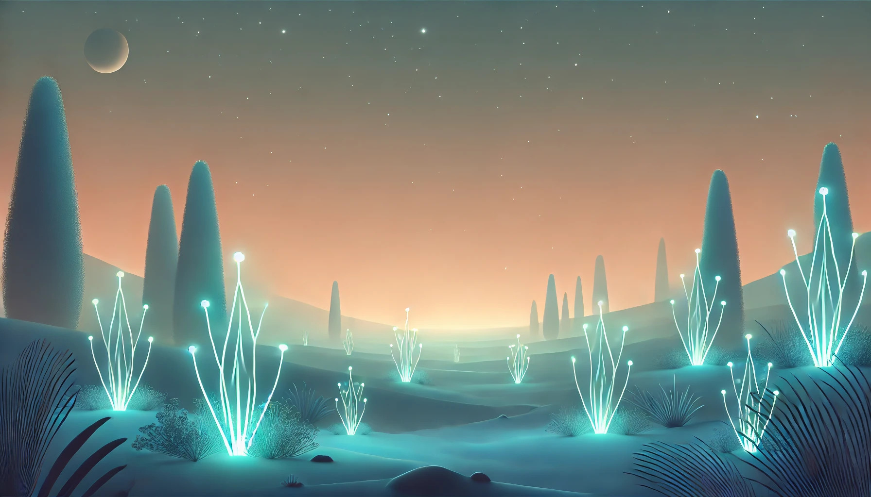 DALL·E 2024 07 14 23.36.29   A minimalist sci fi scene featuring a serene alien forest with bioluminescent plants emitting a soft, calming glow. The scene has low contrast with su
